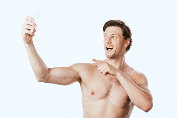 Shirtless Man Pointing Finger While Taking Selfie Smartphone Isolated White — Stock Photo, Image