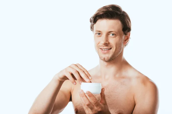 Homme Torse Tenant Crème Cosmétique Regardant Caméra Isolée Sur Blanc — Photo