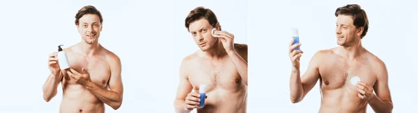Collage Hombre Sin Camisa Sosteniendo Botella Loción Aplicando Tóner Aislado — Foto de Stock