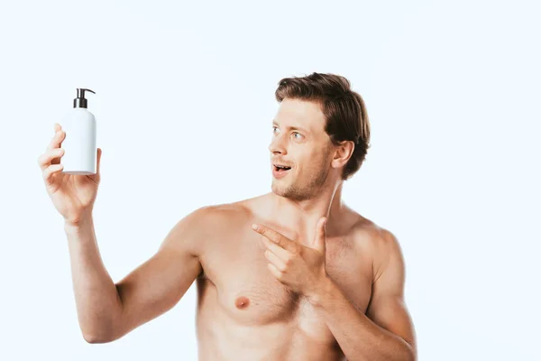 Shirtless Man Pointing Bottle Lotion Isolated White — Stock Photo, Image