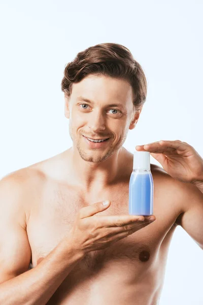 Homem Sem Camisa Mostrando Garrafa Toner Isolado Branco — Fotografia de Stock