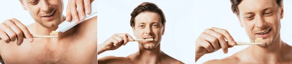 赤身裸体的男人拿着牙膏和牙刷 用白色隔绝的牙齿刷牙 — 图库照片