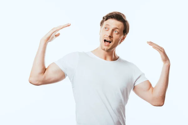 Excited Young Man Gesturing Looking Away Isolated White — Stock Photo, Image