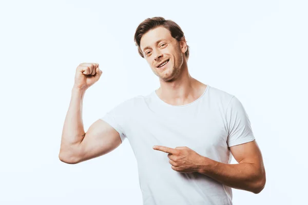 Young Man Pointing Finger Muscles Hand Isolated White — Stock Photo, Image