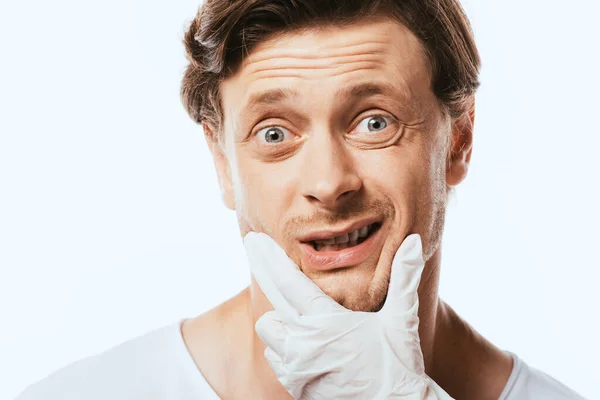 Dermatologist Latex Glove Touching Chin Scared Man Isolated White — Stock Photo, Image