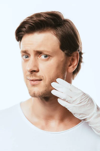 Dermatologist Latex Glove Touching Cheek Patient Looking Camera Isolated White — Stock Photo, Image