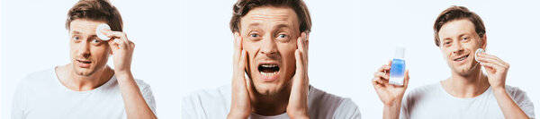 Коллаж молодого человека, наносящего лосьон с хлопчатобумажной площадкой и пугающего изолированы на белом