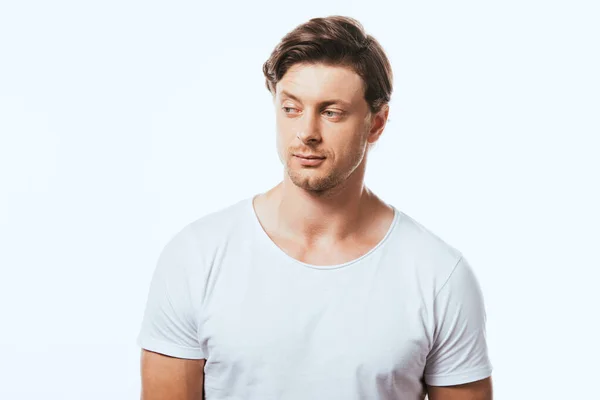 Selbstbewusster Mann Weißem Shirt Schaut Vereinzelt Auf Weißem Grund Weg — Stockfoto