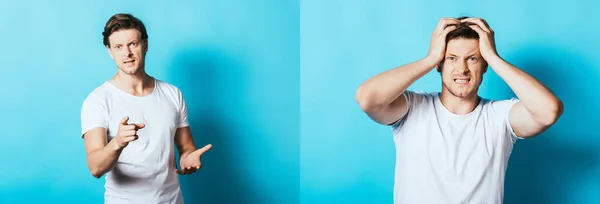 Collage Hombre Enojado Señalando Con Dedo Cámara Sobre Fondo Azul —  Fotos de Stock
