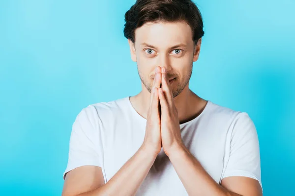 Man Showing Please Gesture While Looking Camera Blue Background — Stock Photo, Image