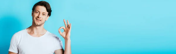 Horizontal Image Young Man Showing Gesture Camera Blue Background — Stock Photo, Image