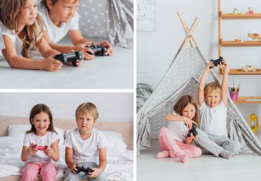 KYIV, UKRAINE - 21 Temmuz 2020: çocuk peruğunda ve yatak odasında oyun oynayan kardeş kolajı