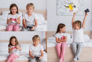 KYIV, UKRAINE - 21 Temmuz 2020: pijamalı kız ve erkek kardeşlerin kolajı video oyunu oynuyor, ve erkek çocuk üzgün bir kızın yakınında bir jest yapıyor.