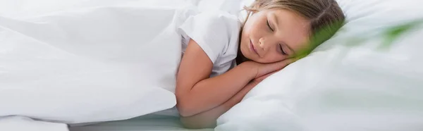 Panoramic Concept Girl Sleeping While Lying White Bedding — Stock Photo, Image