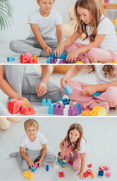 Collage Brother Sister Playing Building Blocks While Sitting Floor Pajamas — Stock Photo, Image