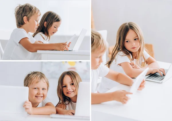 Collage Hermano Hermana Usando Computadoras Portátiles Juntos Casa Mientras Están —  Fotos de Stock