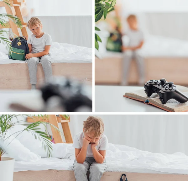 Collage Upset Boy Pajamas Sitting Bed School Backpack Joystick Book — Stock Photo, Image