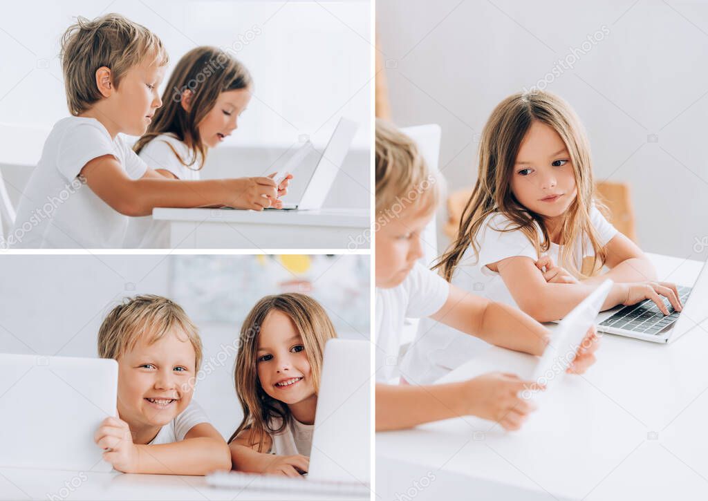 collage of brother and sister using laptops together at home while sitting at table