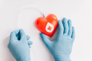 cropped view of male hands in latex gloves holding red heart with catheter on white, blood donation concept clipart