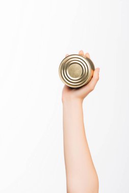 cropped view of woman holding canned beans isolated on white, charity concept clipart
