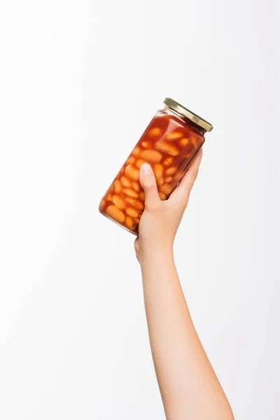 Cropped View Woman Holding Canned Beans Isolated White Charity Concept — Stock Photo, Image