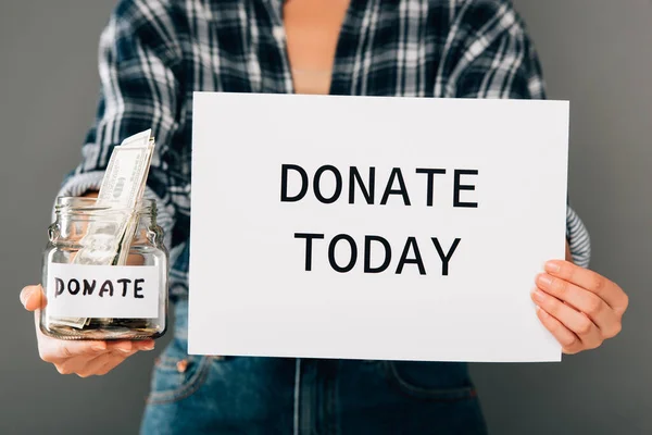 Cropped View Woman Holding Card Donate Today Lettering Jar Money — Stock Photo, Image