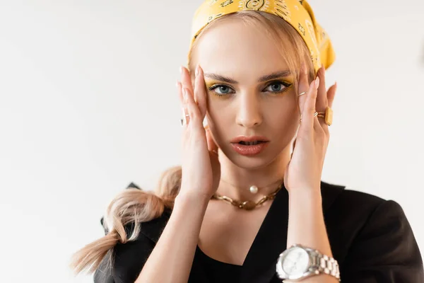 Fashionable Woman Yellow Headscarf Golden Accessories Touching Head Isolated White — Stock Photo, Image