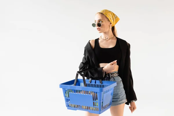 Fashionable Woman Posing Blue Shopping Basket Isolated White — Stock Photo, Image