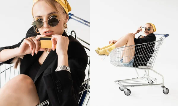 Collage Fashionable Woman Black Yellow Outfit Posing Credit Card Shopping — Stock Photo, Image