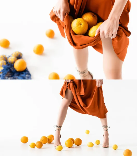 Collage Van Elegante Vrouw Poseren Met Citrusvruchten Rok Witte Achtergrond — Stockfoto
