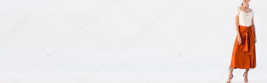 cropped view of fashionable woman posing isolated on white, panoramic shot