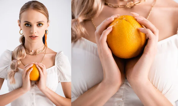 白で隔絶されたオレンジでポーズをとるエレガントなブロンドの女性のコラージュ — ストック写真