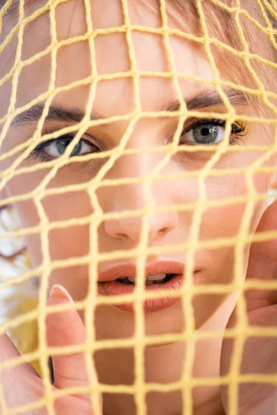 Portrait Woman Yellow String Bag — Stock Photo, Image