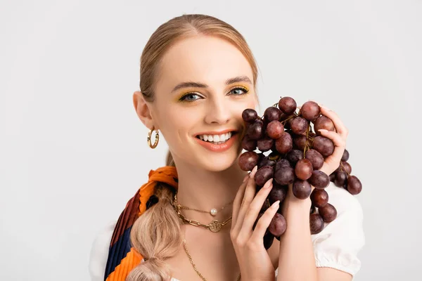 Rustic Blonde Woman Posing Grapes Isolated White — Stock Photo, Image