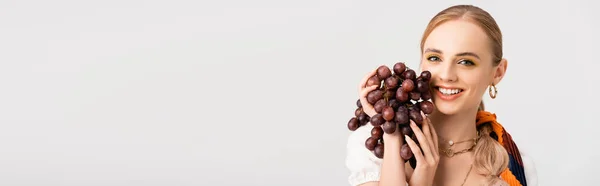 Rustic Blonde Woman Posing Grapes Isolated White Panoramic Shot — Stock Photo, Image