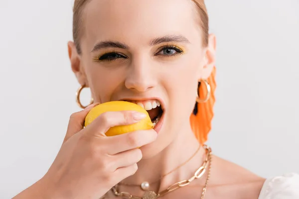 Rustic Blonde Woman Biting Yellow Lemon Isolated White — Stock Photo, Image