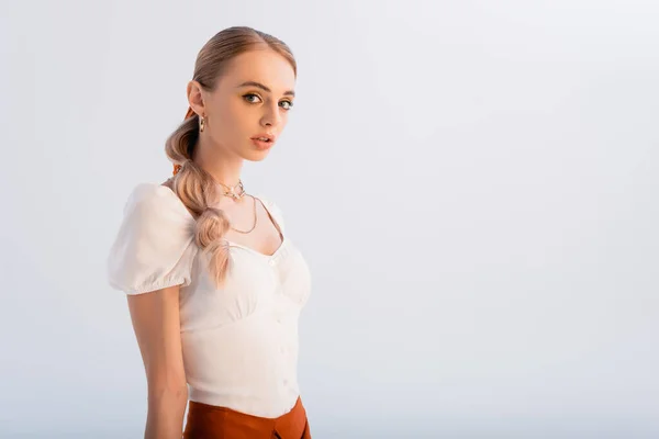 Elegant Blonde Woman White Blouse Looking Camera Isolated White — Stock Photo, Image