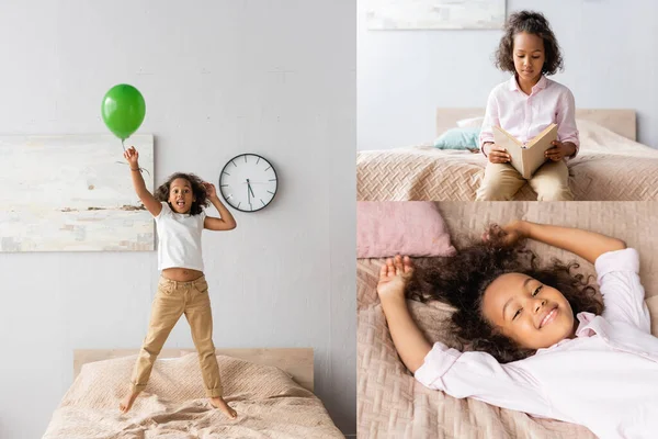 非洲裔美国女孩抱着气球在床上跳 一边休息 一边看相机的拼贴图 — 图库照片