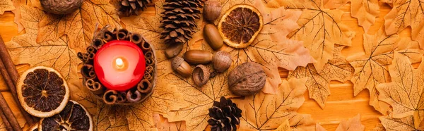 Top View Burning Candle Autumnal Brown Decoration Golden Foliage Panoramic — Stock Photo, Image