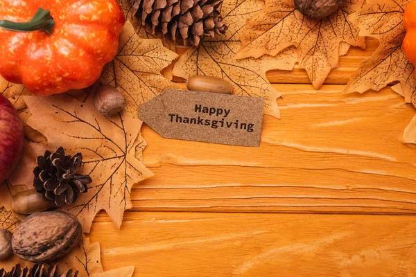 Top View Pumpkin Autumnal Decoration Happy Thanksgiving Card Wooden Background — Stock Photo, Image