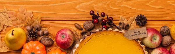 Top View Thanksgiving Pumpkin Pie Autumnal Decoration Wooden Background Panoramic — Stock Photo, Image