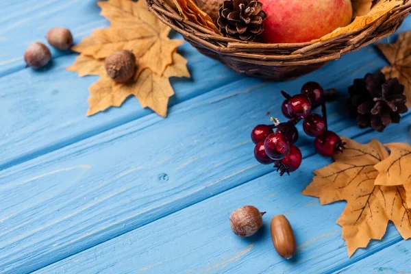 Herbstliche Blätter Beeren Eicheln Und Zapfen Auf Blauem Holzgrund — Stockfoto