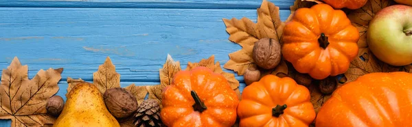 蓝色木制背景的秋季收获和树叶顶部视图 全景拍摄 — 图库照片