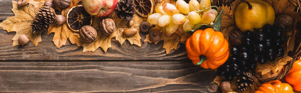 top view of autumnal harvest on foliage on brown wooden background, panoramic shot
