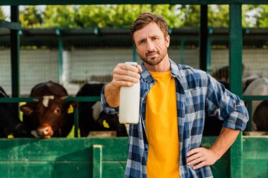 rancher in plaid shirt standing near cowshed with hand on hip and showing bottle of fresh milk clipart