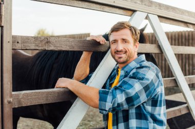 farmer in checkered shirt looking at camera while leaning on corral fence near horse clipart
