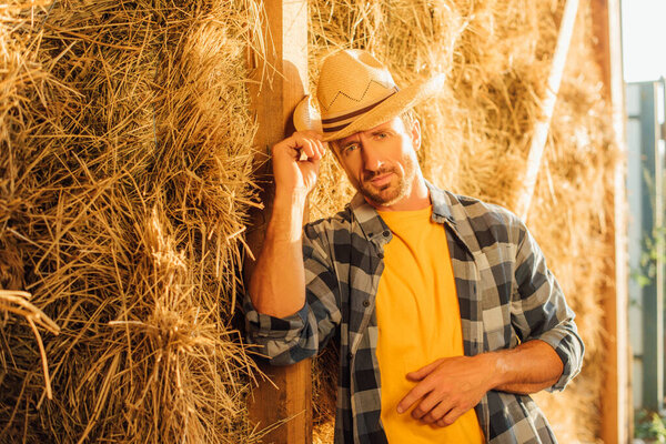 rancher in plaid shirt looking at camera and touching straw hat while leaning on hay stack 