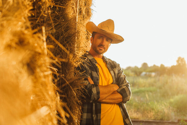 селективный фокус фермера в клетчатой рубашке, опирающегося на стог сена со скрещенными руками при взгляде на камеру