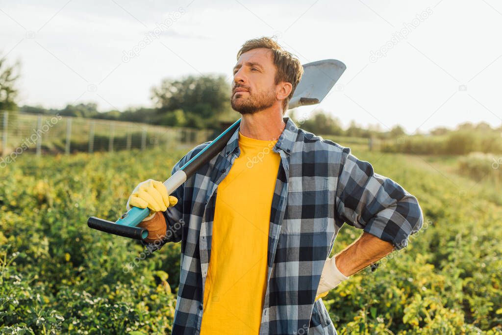 rancher in checkered shirt looking away while standing with hand on hip with shovel in field