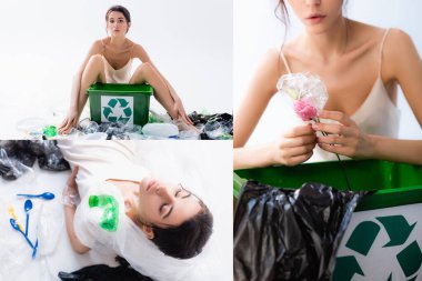 Çıplak ayaklı, ipek elbiseli bir kadının kolajı plastik poşetlerin, çöplerin ve çöp tenekelerinin yanında beyaz, ekoloji kavramının üzerinde geri dönüşüm işareti olan bir çöp kutusunun yanında oturuyor. 